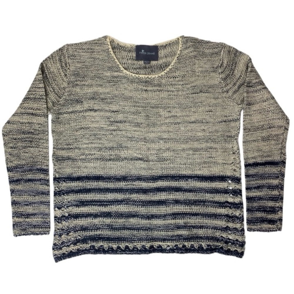 Paper Crane Sweater Navy Ivory Pullover open knit detail Sz L Anthropologie